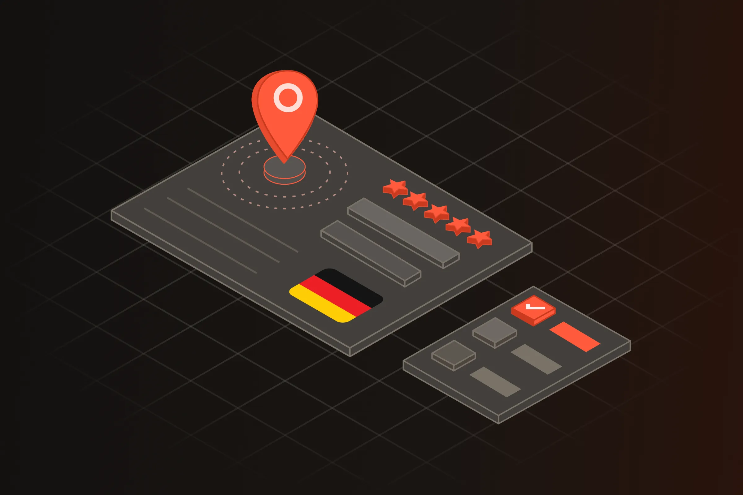 Isometrische Illustration eines Google-Unternehmensprofils mit Standortmarkierung, Bewertungen und Geschäftsinformationen für lokale Sichtbarkeit
