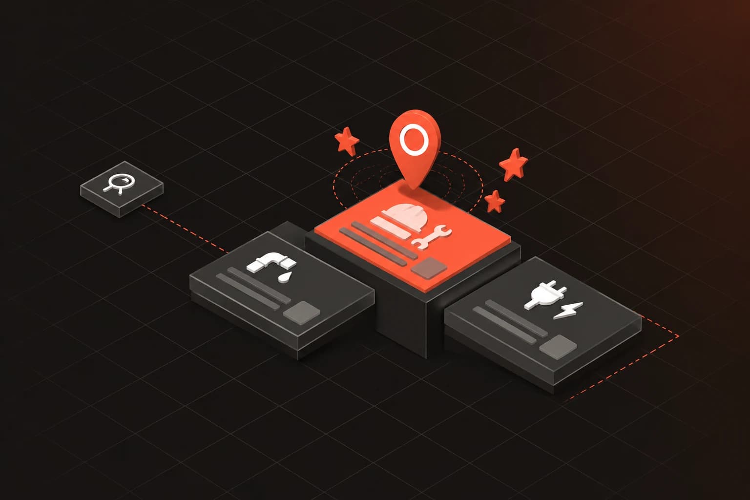 Isometrische Illustration von drei lokalen Suchergebnis-Karten für Sanitär, Handwerk und Elektro, die mittlere Karte erhöht und mit einem Google-Maps-Pin markiert