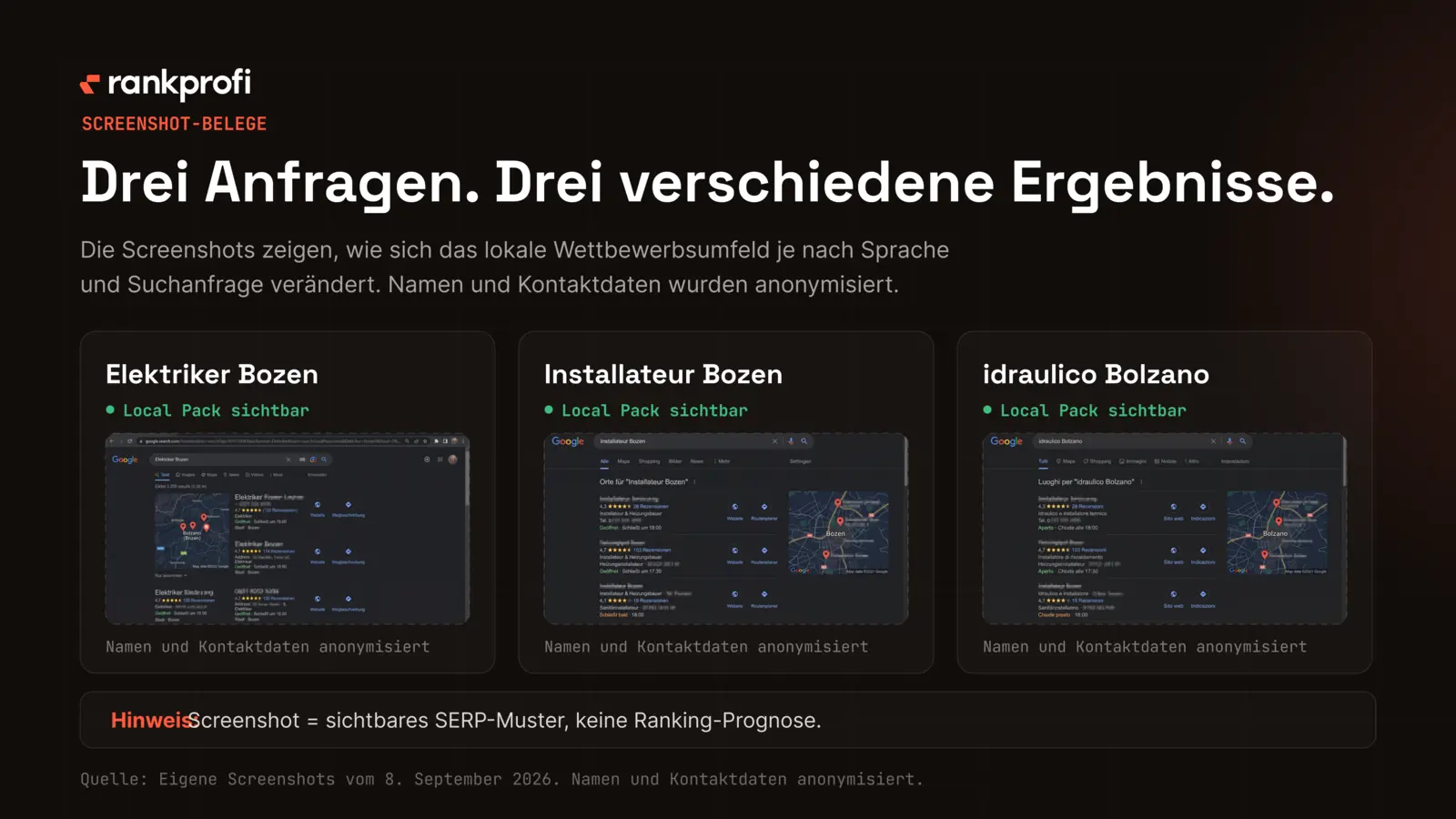 Google-Suchergebnisse für Elektriker, Installateur und idraulico in Bozen, je mit Kartenblock; Betriebsnamen und Kontaktdaten anonymisiert